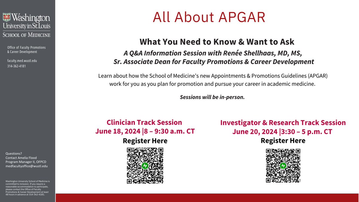 Join Dr. Renée Shellhaas, Sr. Associate Dean for Faculty Promotions & Career Development, for a Q+A session about the new APGAR guidelines. Whether Clinician Track or Investigator & Research Track, these sessions are tailored just for you! faculty.med.wustl.edu/appointments-p…