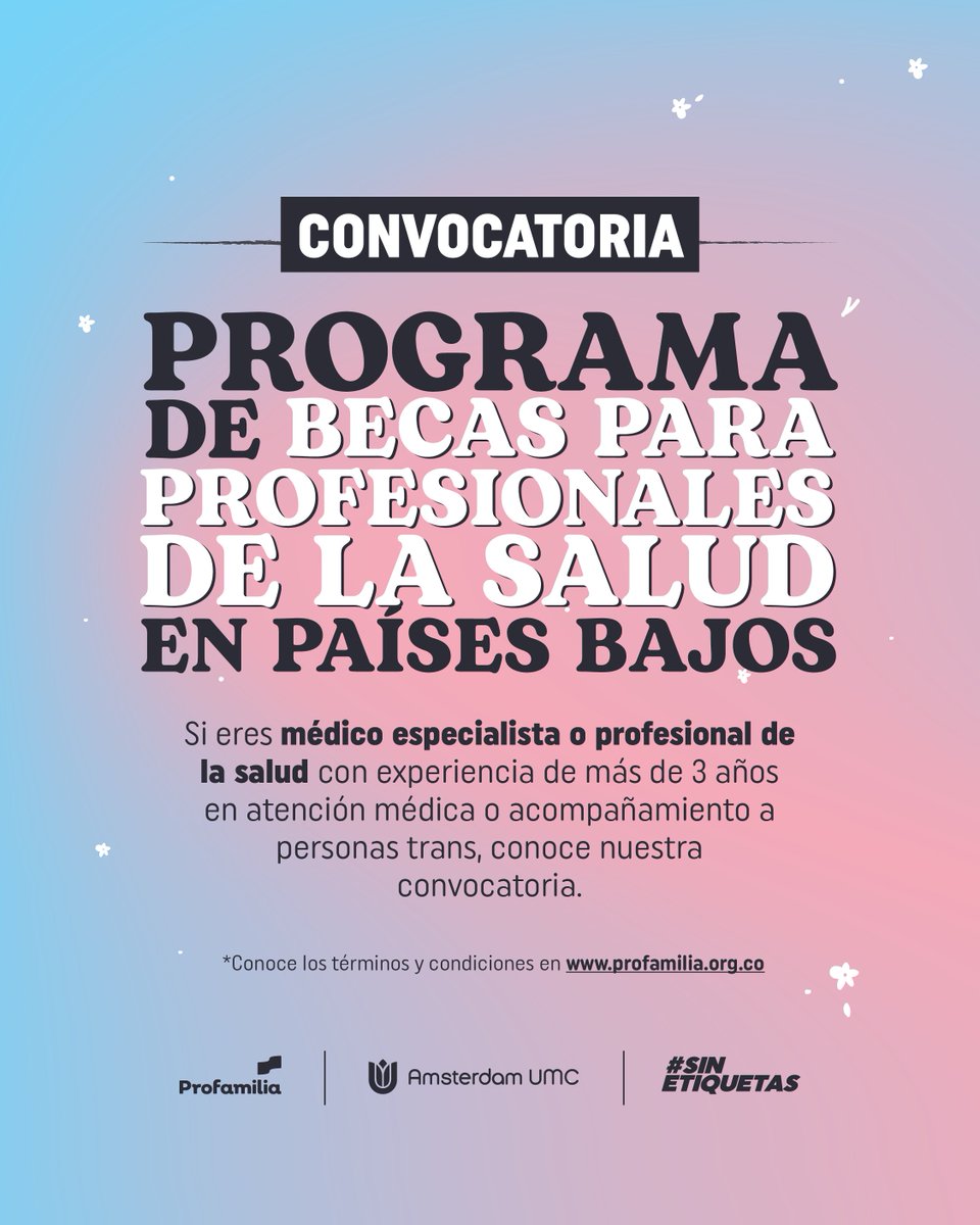 🏳️‍⚧️👨🏾‍⚕️👩🏻‍⚕️ ¡Desde Profamilia y la Clínica de Género de Ámsterdam estamos buscando profesionales de salud con enfoque diferencial! 🇳🇱 Nos alegra anunciar la apertura de una convocatoria para otorgar 13 becas dirigidas a médicos especialistas y profesionales de la salud en Colombia.