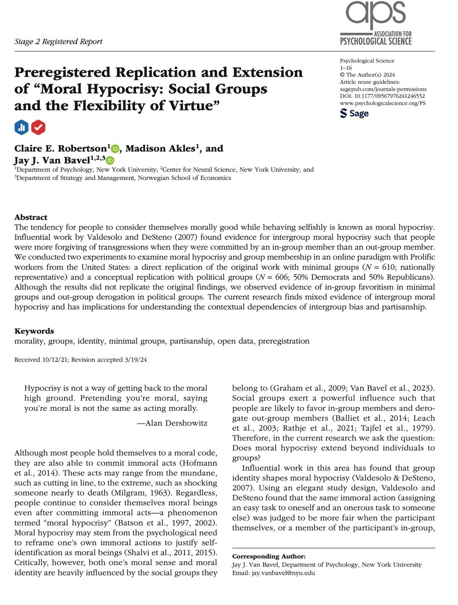 Our new @PsychScience paper provides a preregistered replication of “Moral Hypocrisy: Social Groups and the Flexibility of Virtue' journals.sagepub.com/eprint/DZD88EU…

Although we did not replicate the original findings, we found evidence of moral hypocrisy in minimal + political groups.