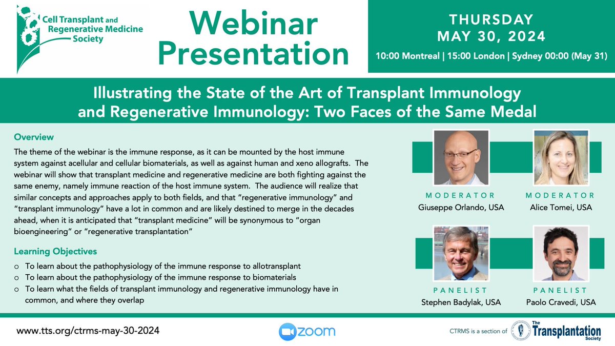 ⭐️Don't miss the next CTRMS webinar ➡️ Illustrating the State of the Art of Transplant Immunology and Regenerative Immunology: Two Faces of the Same Medal. 

Learn more 👉 tinyurl.com/mvfh6a8c   
🗓️Thursday, May 30 at 10 am (ET)

#TransplantTwitter #TTS2024