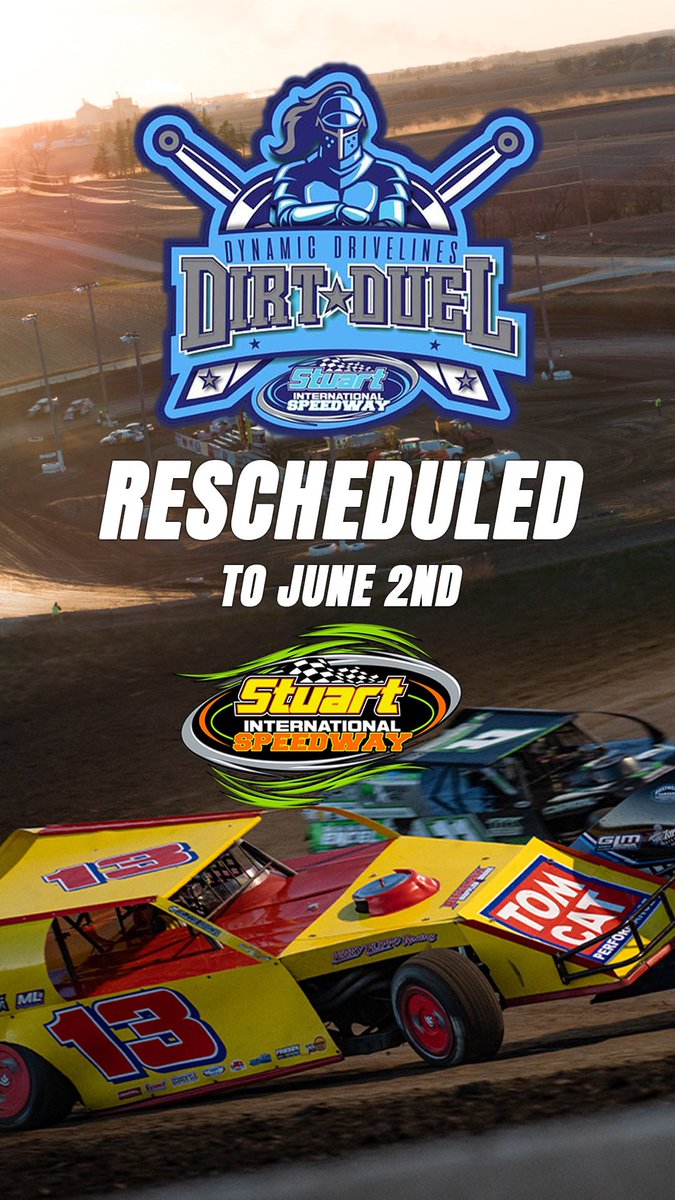 Another reschedule on the year for the dynamic drivelines dirt duel! June 2nd will be the reschedule date at Stuart speedway !