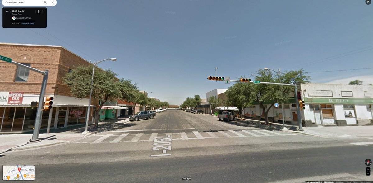 Traces of Texas reader Angie DeLaRosa graciously sent in this 1941 photo of her hometown of Pecos, Texas. The second photo is a 2015 street view of the same location.  As y'all can see, almost all the buildings survive, though a few have different facades.  What a collection of