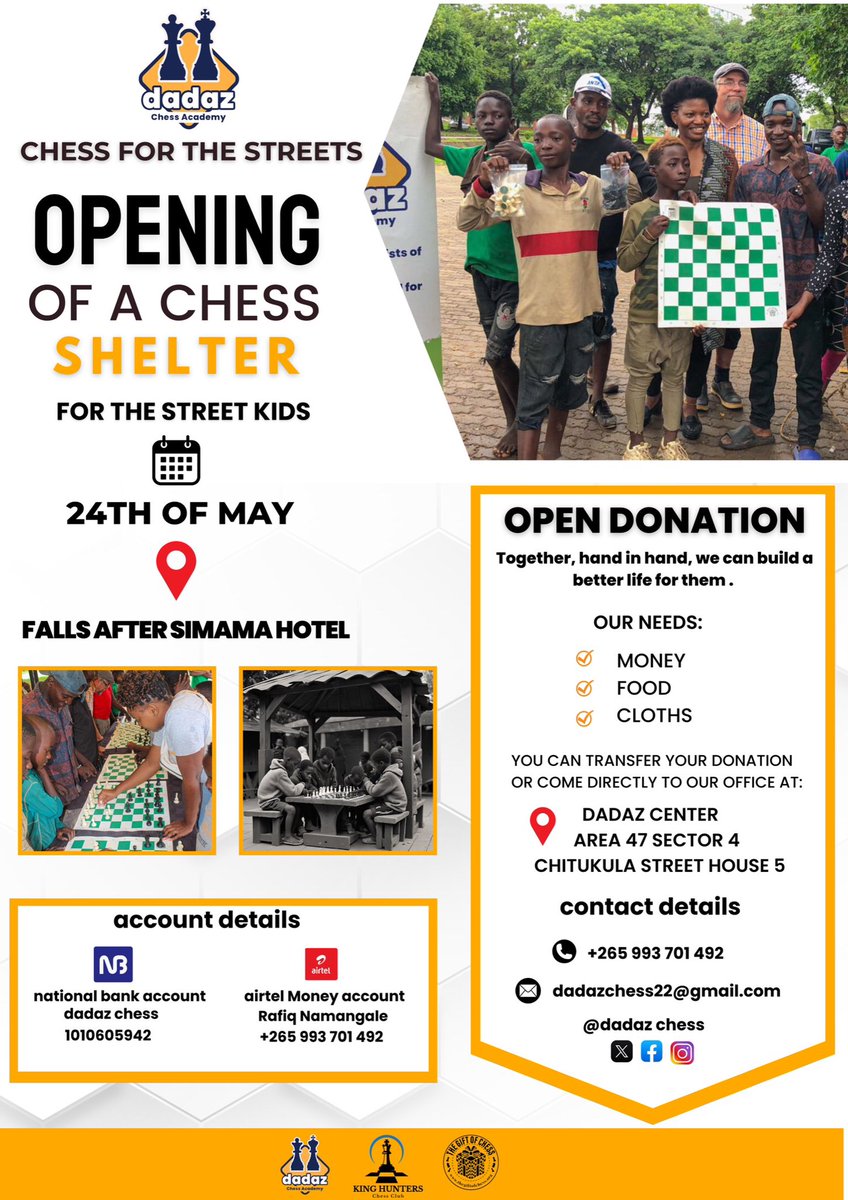 We're thrilled to launch our new Chess for Street Kids shelter on May 24th, 2024! Thanks to Ivar Dommenses and King Hunters Chess Club for their support. This center will offer street kids a transformative chess experience and a place to call home. Donate to our Dadaz accounts to