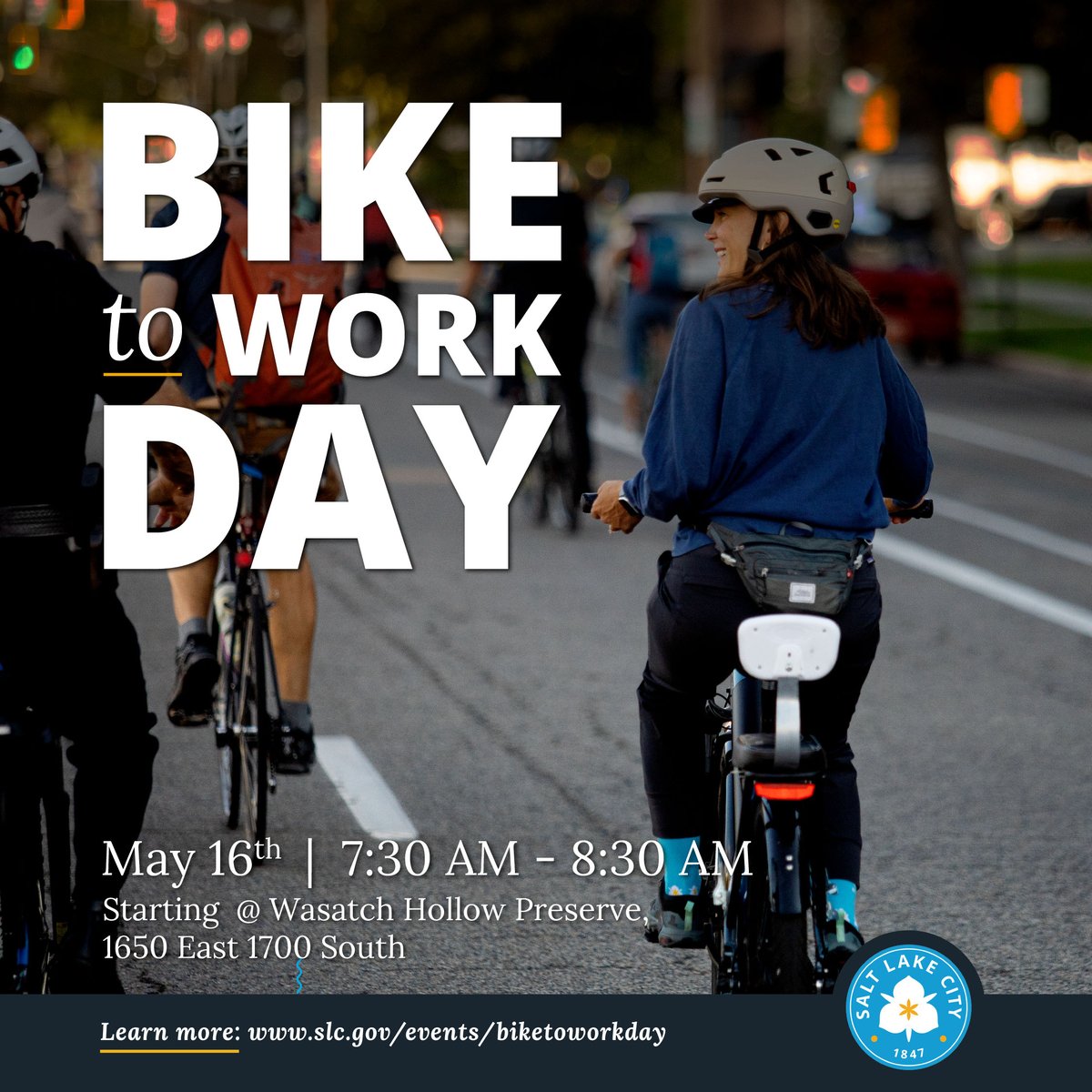 SLCPublicLands's tweet photo. ๐ฒ Tomorrow! SLC Mayor Erin Mendenhall's Bike to Work Day is May 16! Join the mayor and many Salt Lake City employees for the ride. The ride starts at 8 am to the City and County Building. Coffee and breakfast refreshments! Visit https://t.co/PdeZQ45mTe #slcmayor #slcpubliclands https://t.co/V0tQ0uy7x9