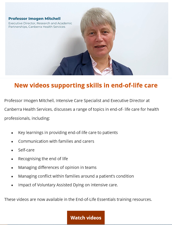 EOLessentials's tweet photo. 👋Thank you @CareSearch for including our new videos in your newsletter. We’re thrilled by the surge in interest in our training resources! Thank you for your support🔗https://t.co/AuQ1KkFAFb #HealthProfessionals #educators #QualityManagers #ClinicalLead https://t.co/vYnCFTY9DG