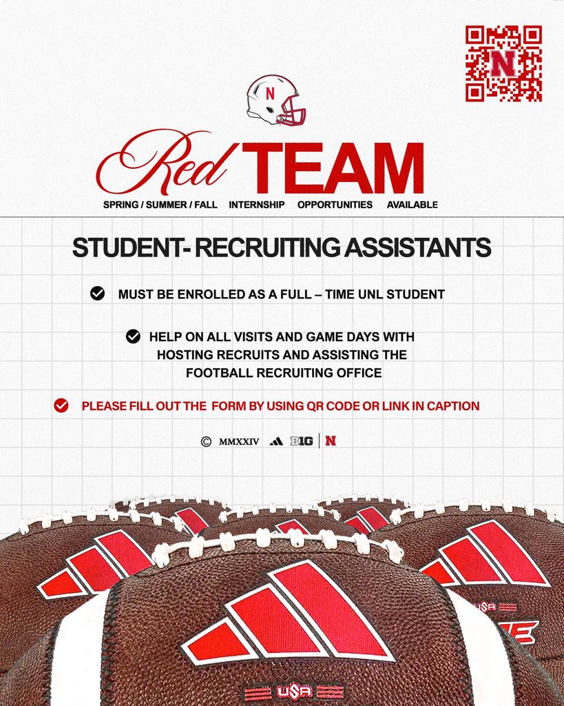 𝗝𝗼𝗶𝗻 𝘁𝗵𝗲 𝗥𝗲𝗱 𝗧𝗲𝗮𝗺 🔴🏈 We’re looking for student-interns to assist in our recruiting efforts! Apply by completing the interest form below ⬇️ 🔗 go.unl.edu/2mjy #GBR x #WhatsNExt!