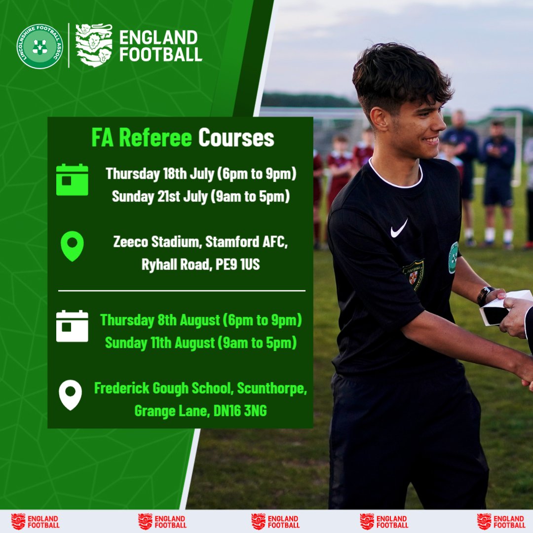 Secure your place on one of two new FA Referee Courses coming up in the Summer 😎 📍 Zeeco Stadium, Stamford AFC 📍 Frederick Gough School, Scunthorpe All the details and to book 👉 tinyurl.com/3yhsrtrc