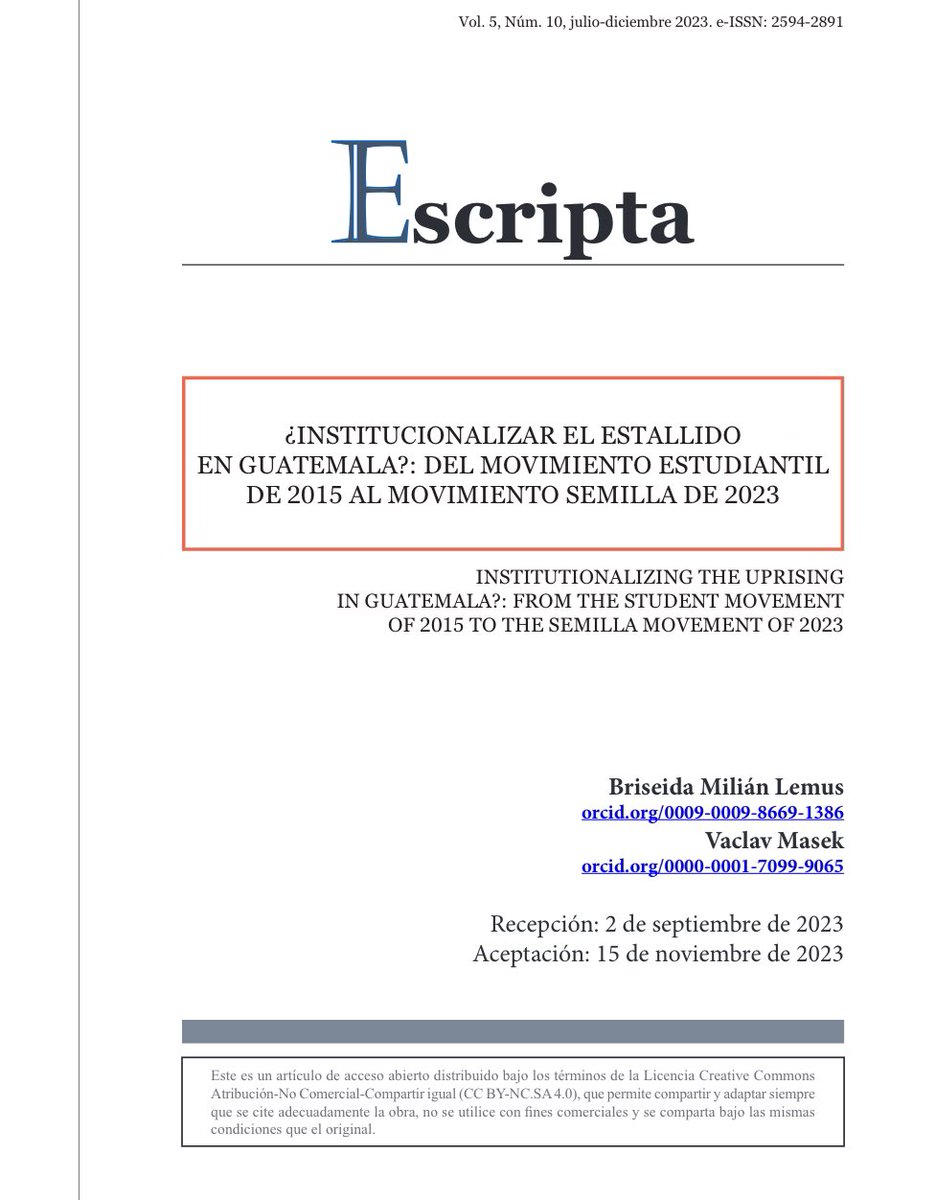 🚨Nuevo artículo con @BriseidaMilian: una actualización historiográfica del movimiento estudiantil en Guatemala. “¿Institucionalizar el estallido en Guatemala?: Del Movimiento Estudiantil de 2015 al Movimiento Semilla de 2023” 📖Aquí dossier completo: bit.ly/4bjS5Gk