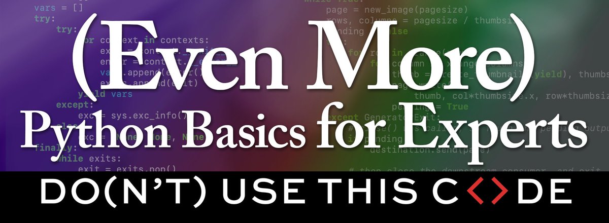 Don't Use This Code—Expert Training & Consulting (@dutc_training) on Twitter photo 📣 Big news! 📣
DUTC is proud to announce our latest seminar series, "Even More) Python Basics for Experts"! Join <a href="/dontusethiscode/">James Powell</a> to tackle what's real, how we can tell it's real, and how we can do less work.
eventbrite.com/cc/even-more-p…
#python #programming 📣 Big news! 📣
DUTC is proud to announce our latest seminar series, "Even More) Python Basics for Experts"! Join <a href="/dontusethiscode/">James Powell</a> to tackle what's real, how we can tell it's real, and how we can do less work.
eventbrite.com/cc/even-more-p…
#python #programming