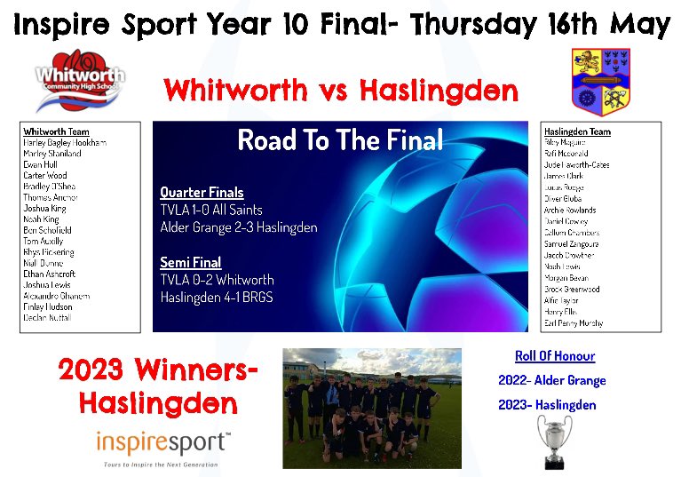 Whitworth HS PE, Sport & DofE (@wchs_pe) on Twitter photo 🏆Yr🔟 Rossendale Champions Final🏆
⚽️ Final Details ⚽️
Date: Thursday 1️⃣6️⃣th May 🗓️
Game: @pe_hhs vs <a href="/WCHS_PE/">Whitworth HS PE, Sport & DofE</a>
Venue: <a href="/WhitworthValley/">Whitworth Valley FC</a> 🏟️
Time: 3:45pm ko 🕓
Sponsor: <a href="/inspiresport/">inspiresport</a> <a href="/IanInspireSport/">Ian Baker</a> 👏
Entry: £1 💰 🏆Yr🔟 Rossendale Champions Final🏆
⚽️ Final Details ⚽️
Date: Thursday 1️⃣6️⃣th May 🗓️
Game: @pe_hhs vs <a href="/WCHS_PE/">Whitworth HS PE, Sport & DofE</a>
Venue: <a href="/WhitworthValley/">Whitworth Valley FC</a> 🏟️
Time: 3:45pm ko 🕓
Sponsor: <a href="/inspiresport/">inspiresport</a> <a href="/IanInspireSport/">Ian Baker</a> 👏
Entry: £1 💰