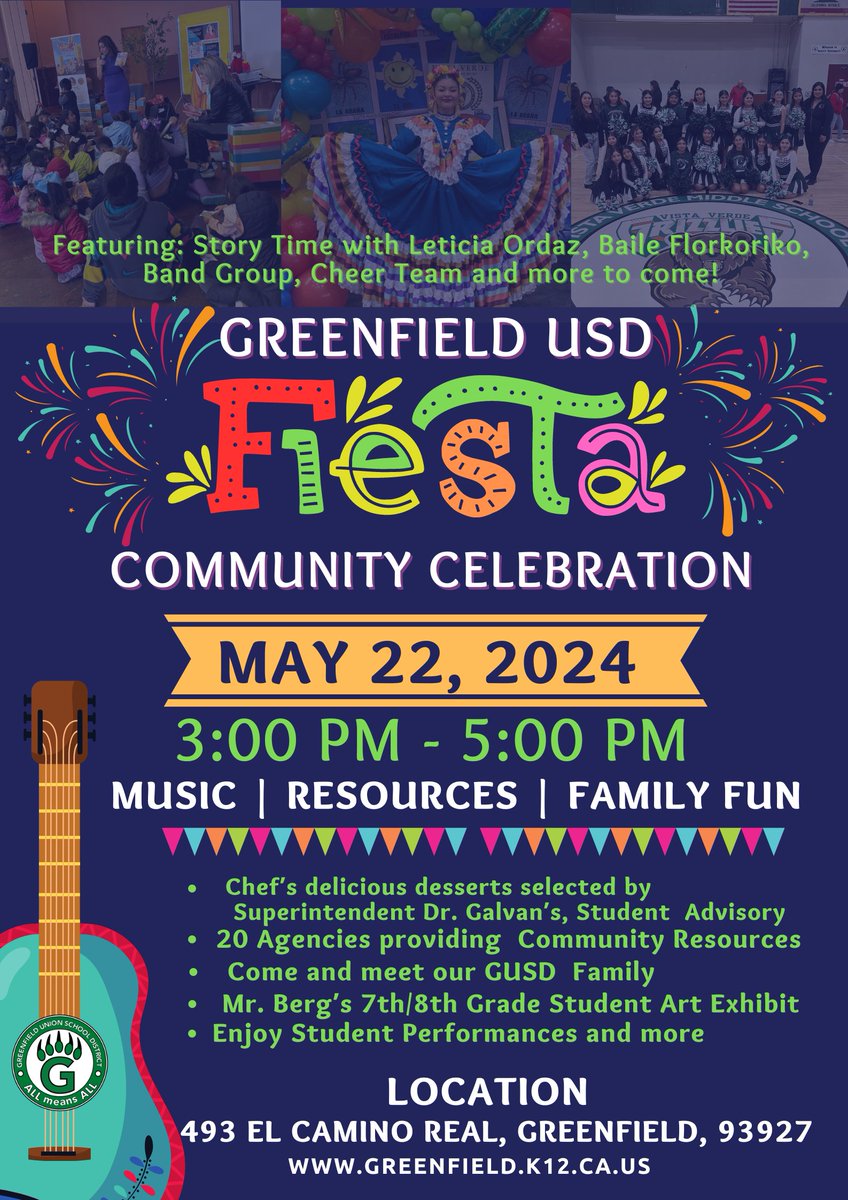 💕 Save the Date- GUSD Fiesta Community Celebration. Join us next week, Wednesday, May 22nd for a day of student performances, art exhibit, community resources and much more....

#ALLmeansALL #ThisisGUSD #GreenfieldGuarantee #ProudToBeGUSD #CultivatingCuriousity #Trust&Inspire