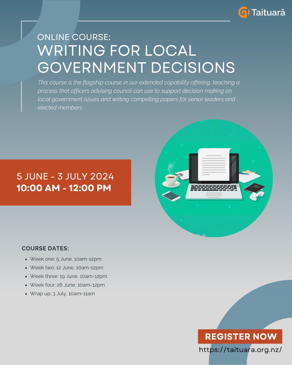 Our upcoming Writing for Local Government Decisions course from 5 June to 3 July 2024 enables you, or one of your staff members, to hone your report writing and policy craft to support effective decision-making. Register today: tinyurl.com/yc2b8b5k