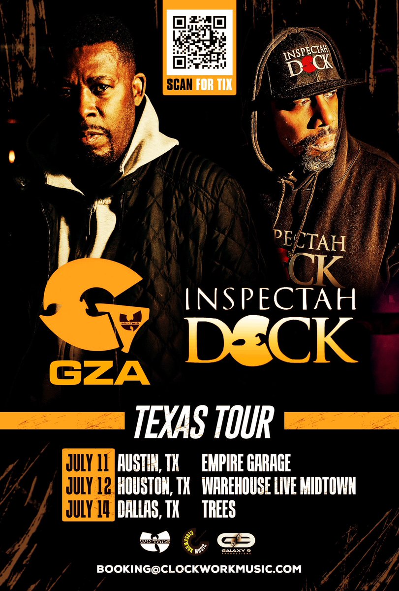 .@TheRealGZA x @INSpectahDECKWU Texas Tour July 11 @EmpireATX July 12 @warehouselive July 14 @treesdallas Tickets On Sale 12pm 5/16/24 @galaxy9_dfw @wavezmovement @illmannershows_ Ticket Link - Fanlink.tv/gzadeckwutexas