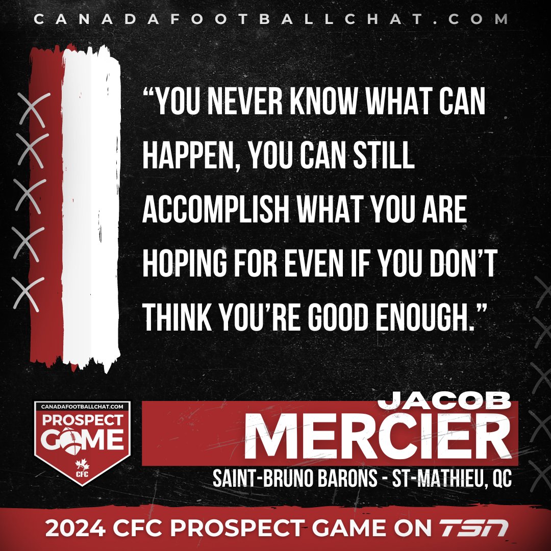CanadaFootballChat (@chatfootball) on Twitter photo #CFCPROSPECTGAME SPOTLIGHT ๐โก๏ธ t.ly/PsKZ4
๐ค DE <a href="/Jacobmercierr/">Jacob mercier</a>
๐ Class 2025
๐ซ Saint-Bruno Barons
๐ St-Mathieu, QC
"I'm ready to shine and hopefully get the attention of American coaches."
The #CFCProspectGame on TSN will kickoff on May 31st at TD Place #CFCPROSPECTGAME SPOTLIGHT ๐โก๏ธ t.ly/PsKZ4
๐ค DE <a href="/Jacobmercierr/">Jacob mercier</a>
๐ Class 2025
๐ซ Saint-Bruno Barons
๐ St-Mathieu, QC
"I'm ready to shine and hopefully get the attention of American coaches."
The #CFCProspectGame on TSN will kickoff on May 31st at TD Place