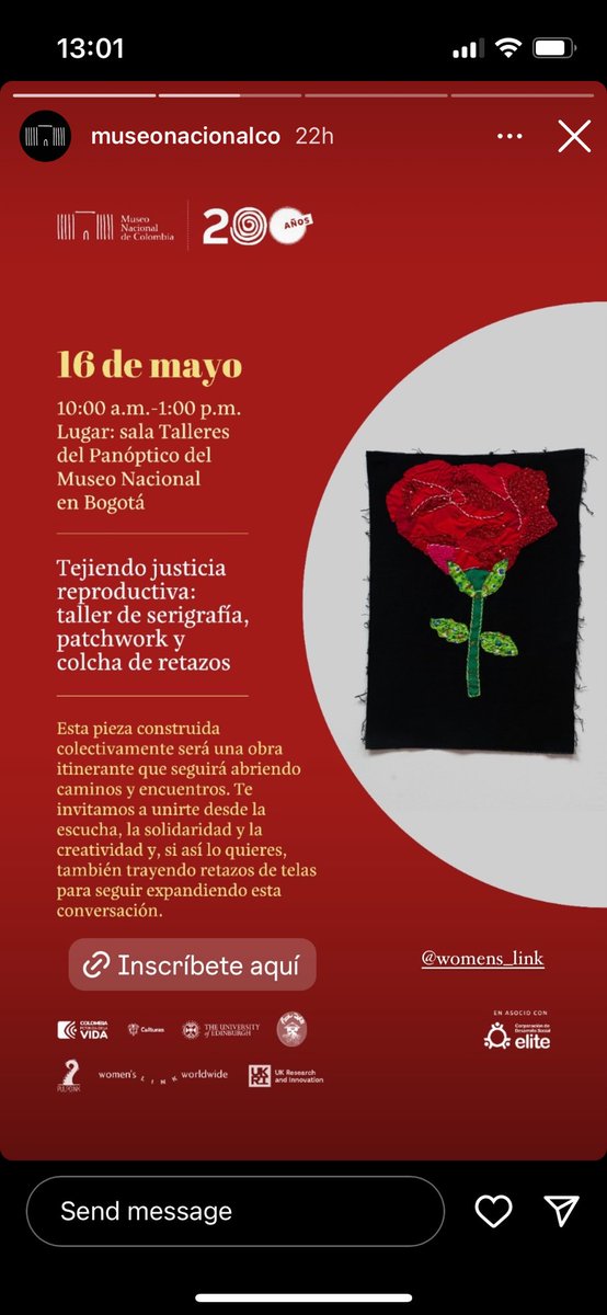 “Tejer justicia reproductiva: Conflicto y Paz en Colombia”. Acompáñenos este jueves 16 de mayo en el @museonacionalco a tejer una colcha de retazos y conversar sobre violencias y justicia reproductiva @womenslink . Registro: eventbrite.com/e/entradas-tej…