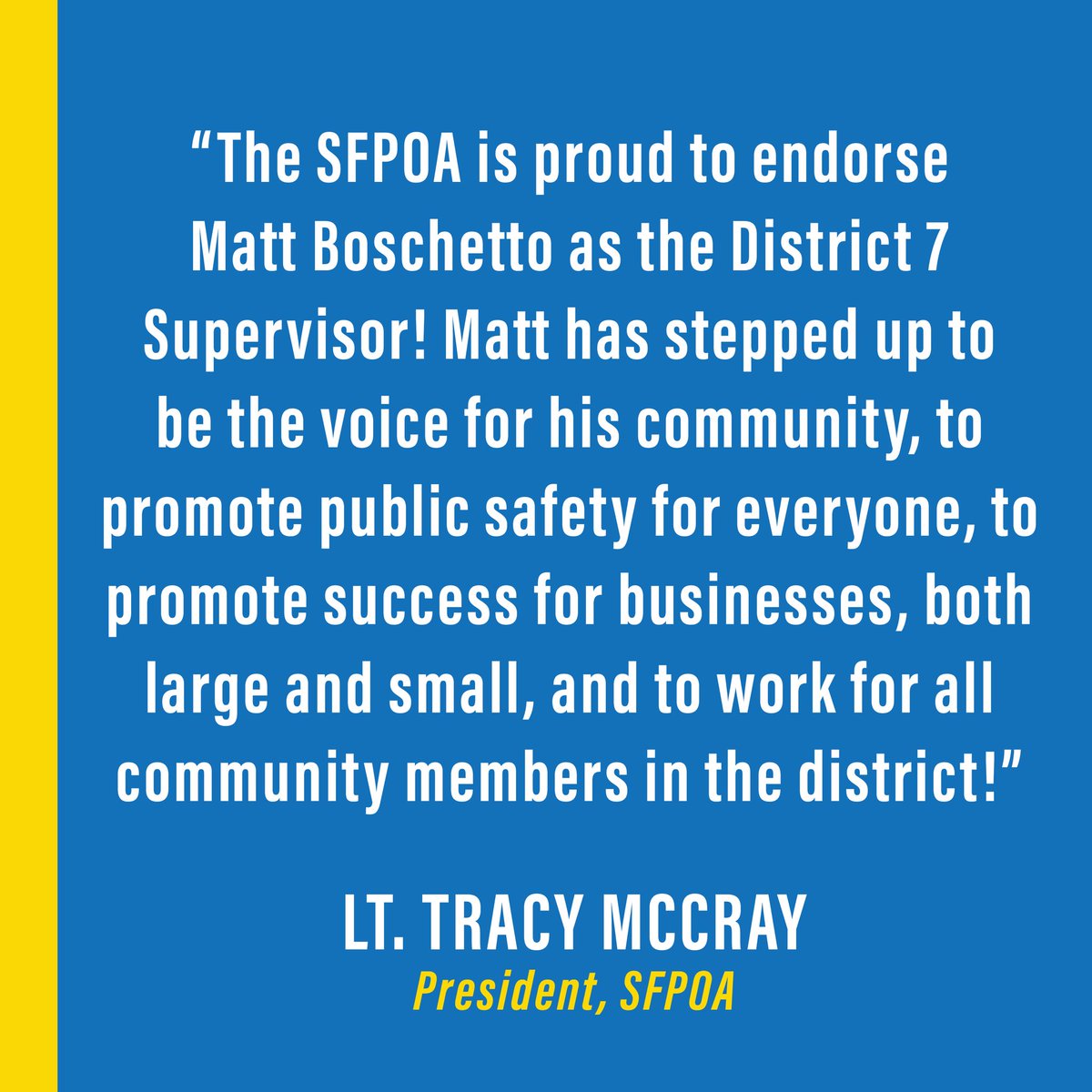 Proud to have the endorsement of @SanFranciscoPOA! Over the months I’ve gotten to know Pres McCray and talk about ways to improve our city. She and the SFPD are great servants to the public and I look forward to supporting them on their mission to keep us all safe. Thank you!!!