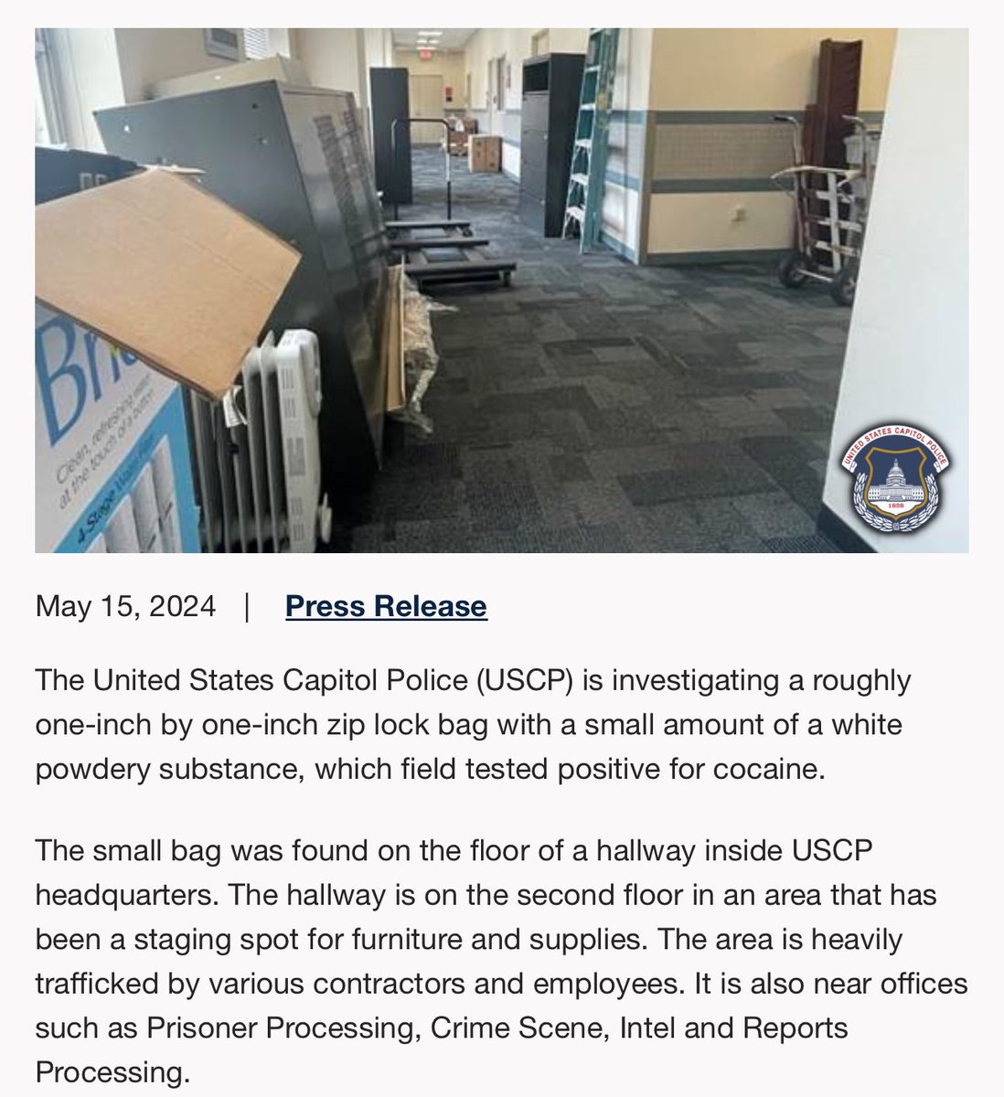 BREAKING: Capitol Police say agency investigating how a small bag that tested positive for cocaine wound up in its headquarters, located about a 10-minute walk from where the House and Senate meet.