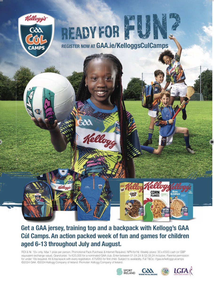 🏐That time of year again!! 📲Time to register for the Kellogg's Cúl Camps 🔗gaa.ie/kelloggsculcam… You don’t want to miss out so register asap as some Camps have no spaces left!