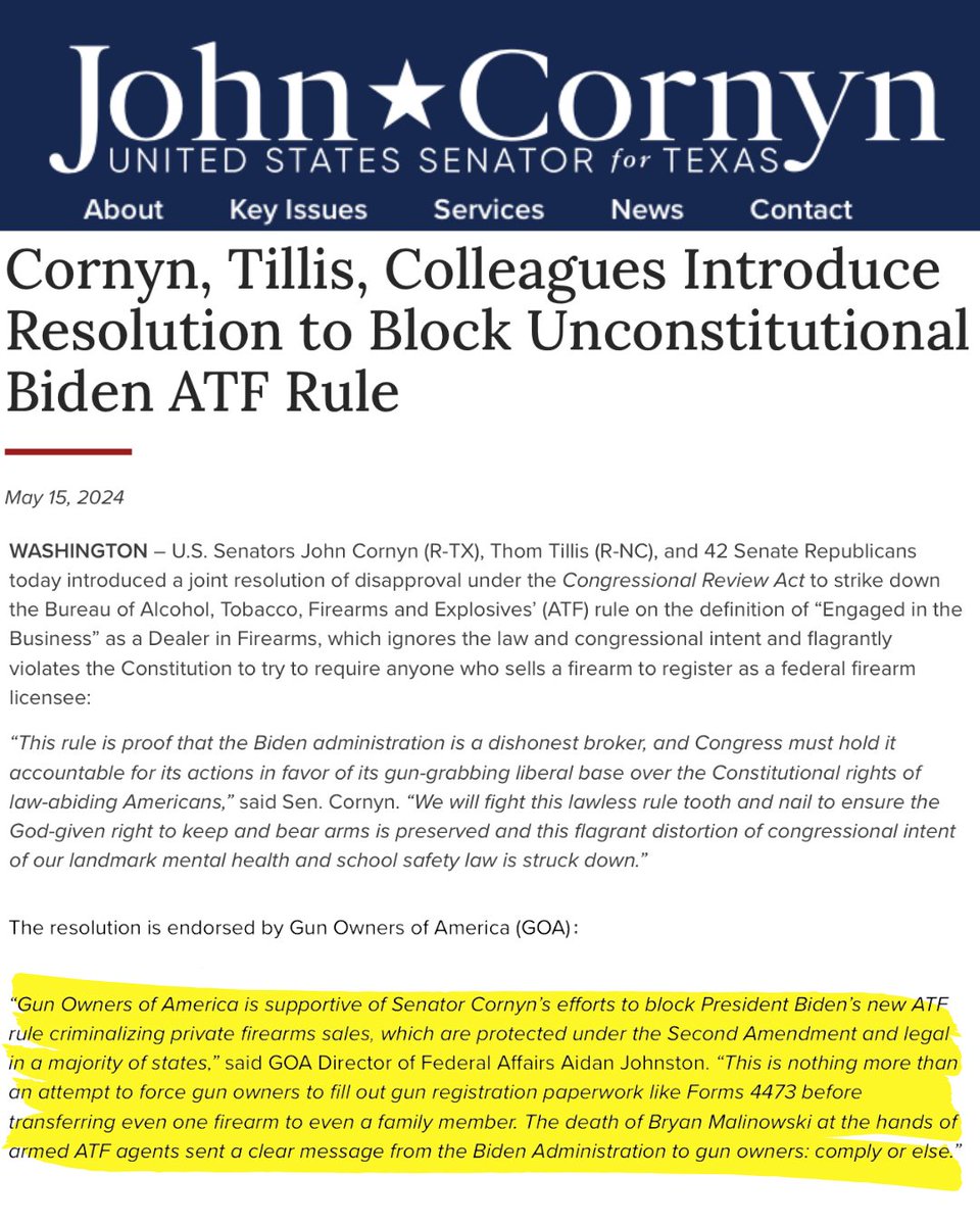 🚨BREAKING🚨

Sen. @JohnCornyn and 43 Senate Republicans have introduced a joint resolution of disapproval to block ATF's unconstitutional 'Engaged in the Business' rule—a.k.a. backdoor registration checks.

@Rep_Clyde has over 115 cosponsors on a similar House bill.