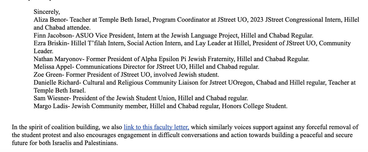 And here's another one from a group of students involved with J Street U, Hillel, Chabad, and the Jewish Student Union at the University of Oregon, supporting the protest encampment in the spirit of 'machloket,' which they describe as constructive conflict.
