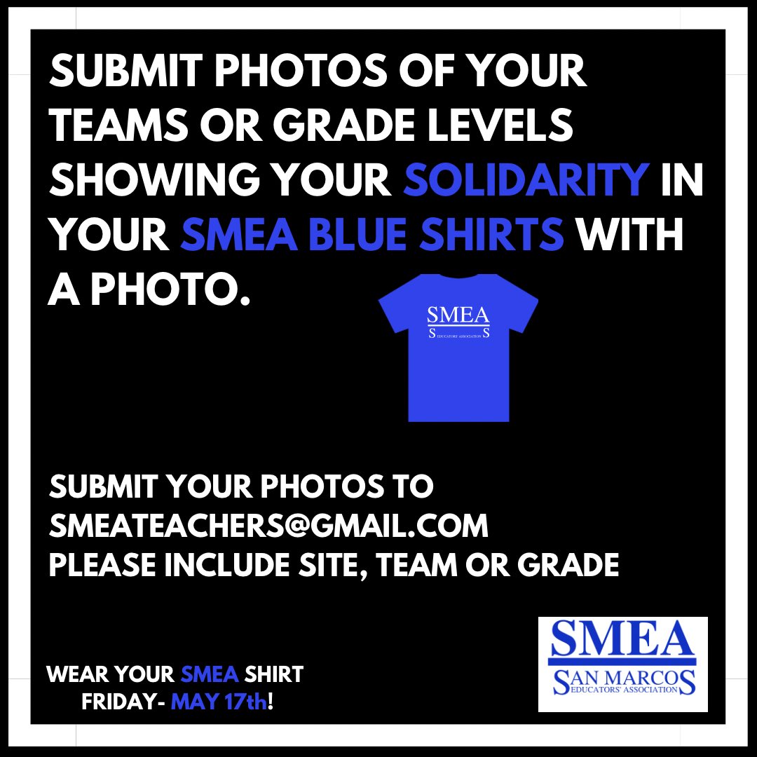 Your SMEA Bargaining Team meets with the District this Friday! Show your SMEA pride by wearing your SMEA Blues! #SMEAteachers #smeablue #weareinthistogether #WeareCTA
