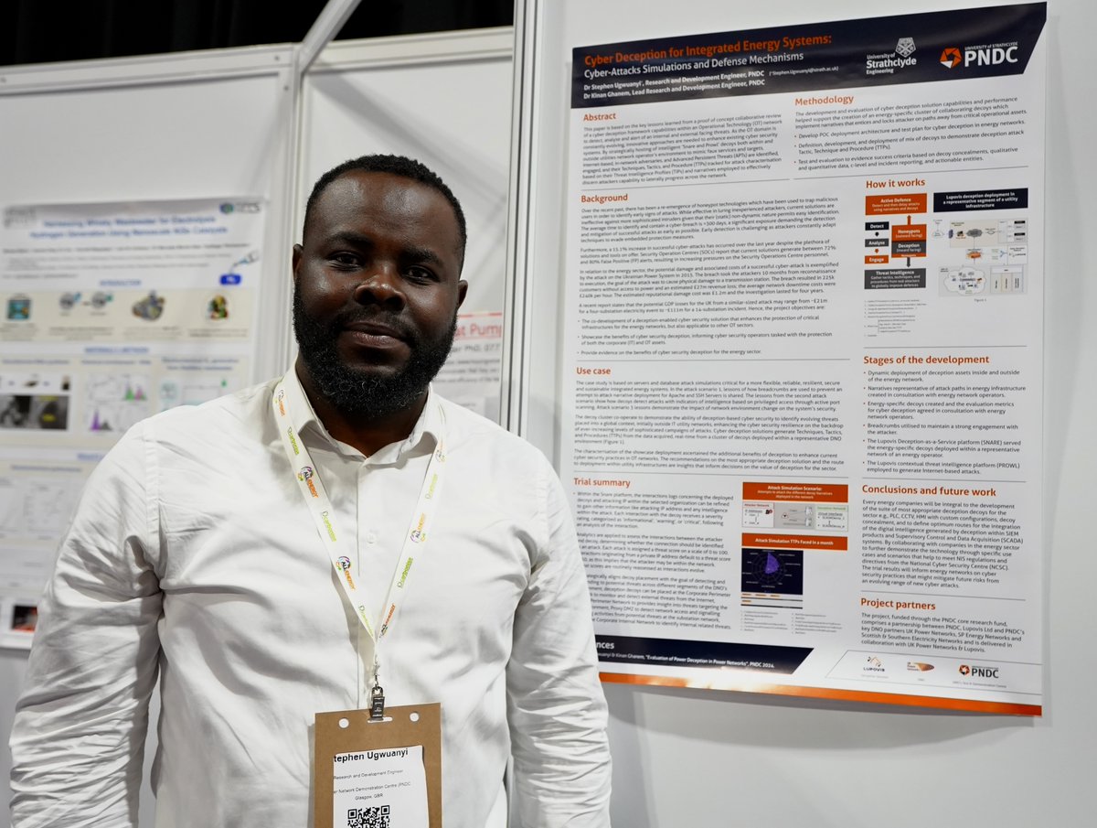 PNDC's communications and cyber security R&D engineer, Dr Stephen Ugwuanyi, presented a paper @AllEnergy on 'Cyber Deception for Integrated Energy Systems', delivered in collaboration with @UKPowerNetworks and @LupovisDefence. #AllEnergy24 #colleaborativeresearch
