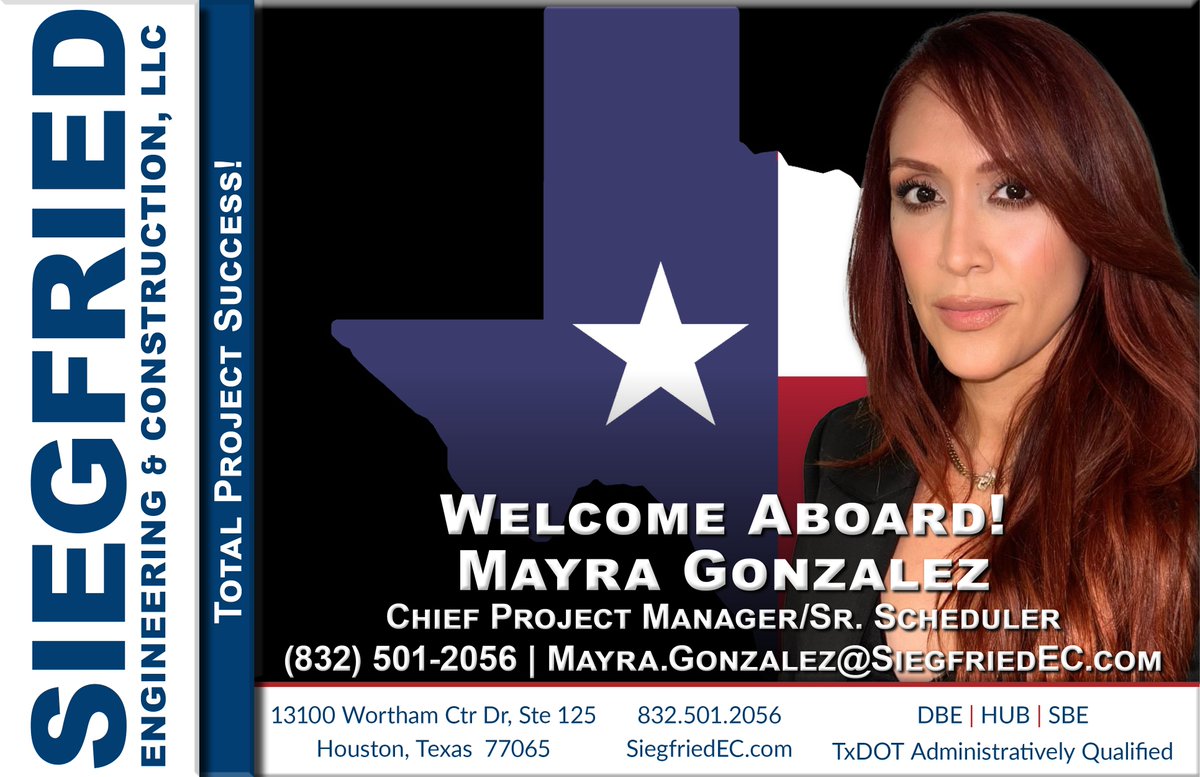 Siegfried_EC's tweet photo. Please join #SiegfriedEngineering & Construction as we welcome aboard Mayra Gonzalez. As our new Chief Project Manager/Sr. Scheduler, she will work with project teams to oversee construction safety, productivity, and project compliance for #TotalProjectSuccess. https://t.co/bg4qp0CmGz