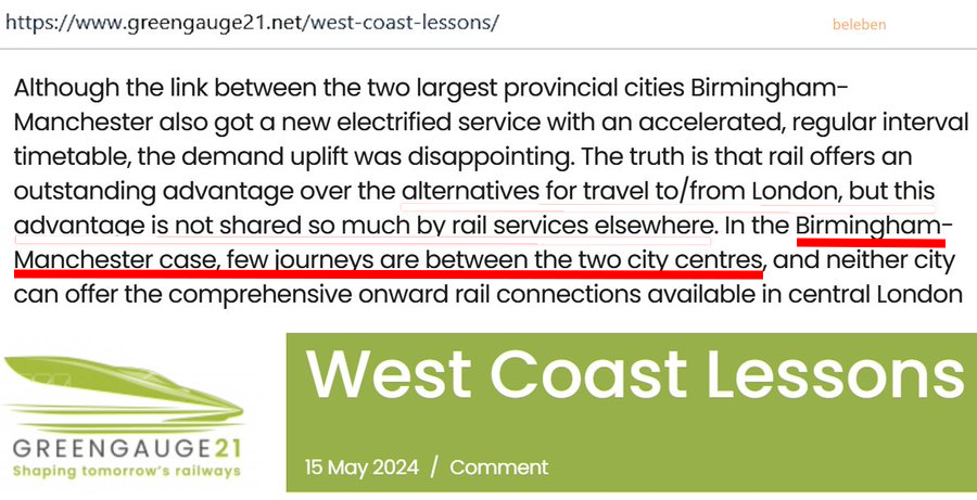 There is not much travel between #Manchester and #Birmingham city centres, admits @Greengauge21. 

So why were ex-WM-mayor Andy Street and Manchester mayor Andy Burnham so keen on building #HS2 to Manchester?