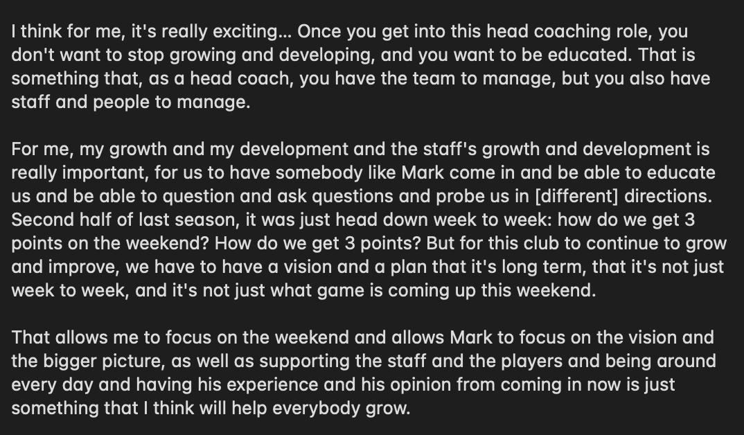 Becki Tweed on the addition of Mark Wilson as the #AngelCityFC Technical Director

'That allows me to focus on the weekend and allows Mark to focus on the vision and the bigger picture, as well as supporting the staff and the players and being around every day'