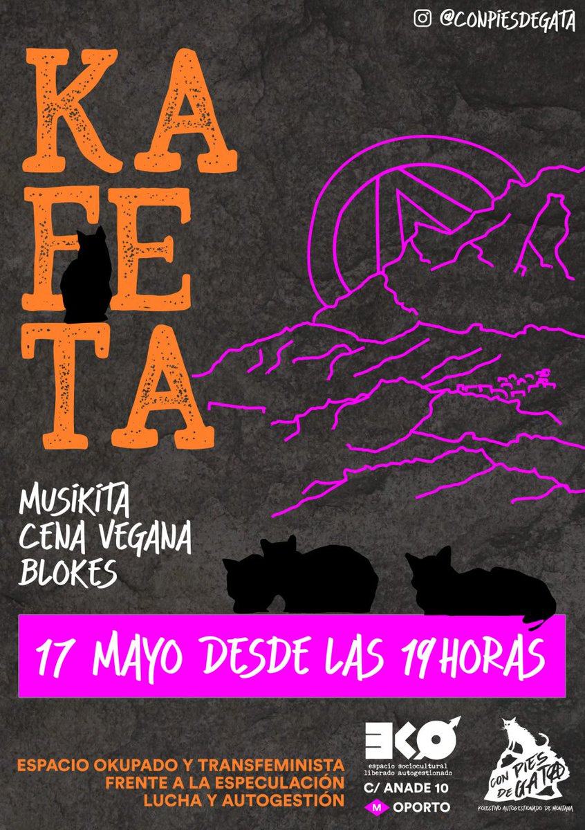 ➡️ KAFETA DE GATERAS ⬅️ 🐈‍⬛🐈‍⬛🐈🐈🐈‍⬛🐈‍⬛🐈🐈🐈‍⬛🐈‍⬛ El kolectivo de montaña Pies de Gata celebra su próxima KAFETA 📅 Viernes 17 de mayo desde las 19hs. Comenzaremos echando unos pegues en el roco y luego a bailar cenar y pasarlo bien en Planta Baja. ¡Vente a este planazo! 🧨🦄