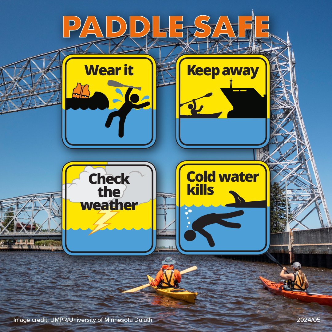 MNSeaGrant's tweet image. With warmer weather on the horizon, make sure to #PaddleSafe in aquatic environments by wearing your life jacket, staying away from large vessels, checking the weather, and being mindful of cold water temperatures! For #TwinPorts paddlers, check out z.umn.edu/ps_twinports 🛶
