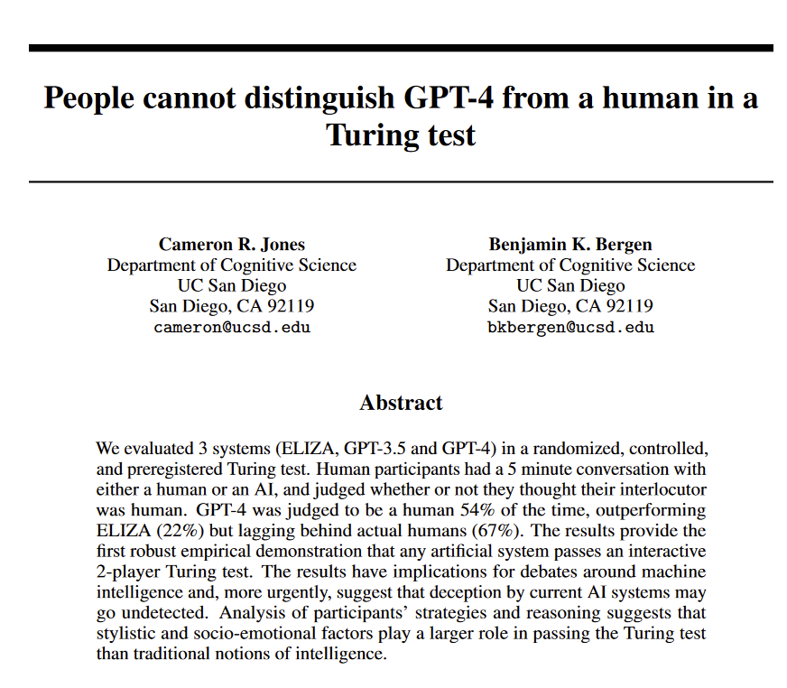 👀 'the first robust empirical demonstration that any artificial system passes an interactive 2-player Turing test.' GPT-4 was judged to be human by other humans 54% of the time (though humans were judged to be human 67% of the time). arxiv.org/abs/2405.08007