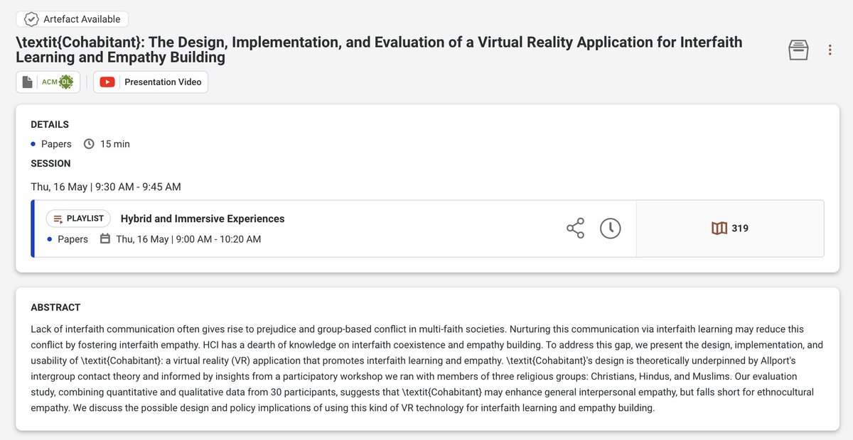 If you are at #CHI2024 and interested in themes like group conflicts and coexistence, interfaith learning, VR, ethics in group connections, empathy, and faith, join us tomorrow (Thursday, May 15) at 9:15 AM in Room 319. Paper and Demo: dl.acm.org/doi/10.1145/36…