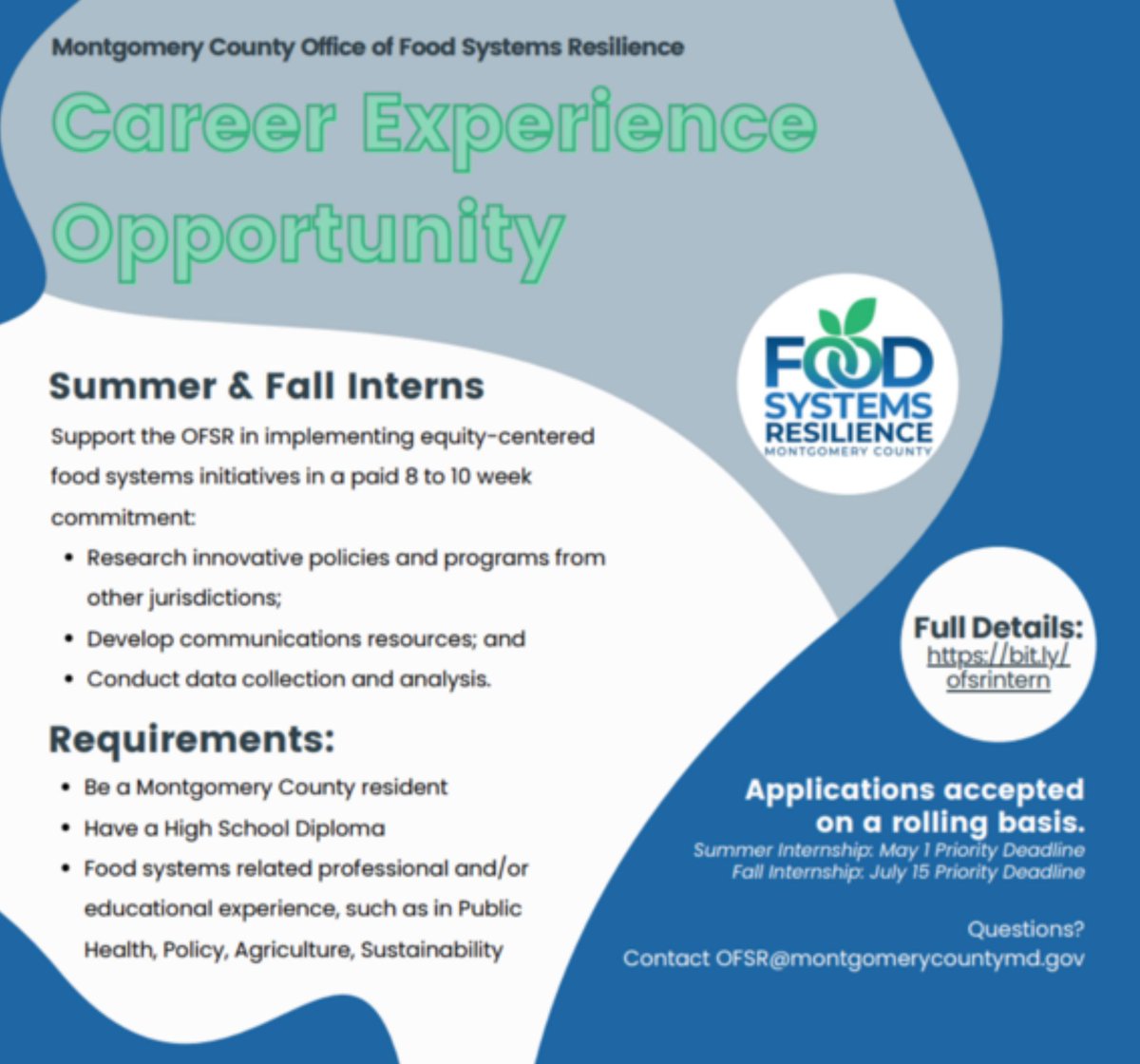 The County’s Office of Food Systems Resilience is seeking interns for the summer and fall. Share this opportunity with a Montgomery County resident with a high school diploma and interest/experience in food systems! More: bit.ly/ofsrintern