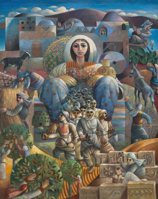 Sliman Mansour (Palestinian, b. 1947) 'The Village Awakens,' 1987 Aqueous print on rag paper #art #painting #FREEPALESTİNE
