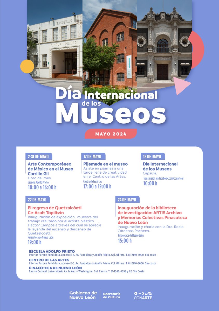 Te compartimos la programación completa en torno al Día Internacional de los Museos. ¡No te lo pierdas!
#CulturaNL
