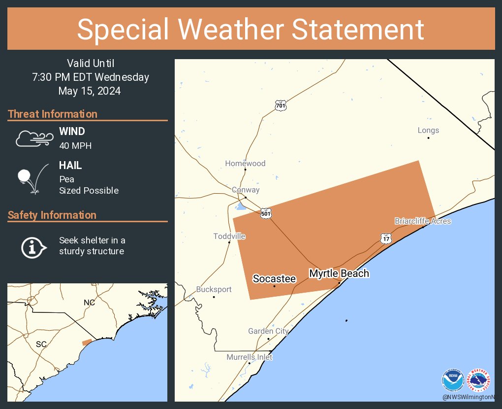 A special weather statement has been issued for Myrtle Beach SC and  Socastee SC until 7:30 PM EDT