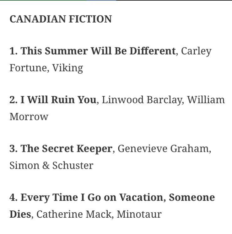 I Will Ruin You moves up to the #2 spot on the Toronto Star’s Canadian fiction bestseller list.