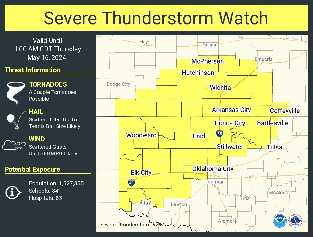 A severe thunderstorm watch has been issued for parts of Kansas and Oklahoma until 1 AM CDT