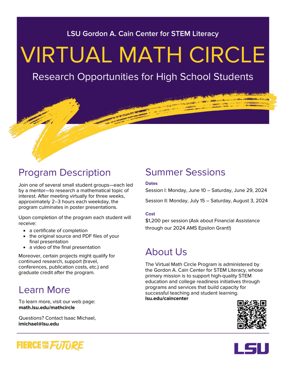 CapitalAreaSTEM's tweet image. 🔍 Dive into Advanced Mathematics this Summer! 🌟 Check out our latest blog post featuring the @LSU  Virtual Math Circle&apos;s Summer Research Opportunity for High School Students here: capitalareastem.org/news/blog.html… 🔥 #MathCircle #STEM #SummerResearch #LSU