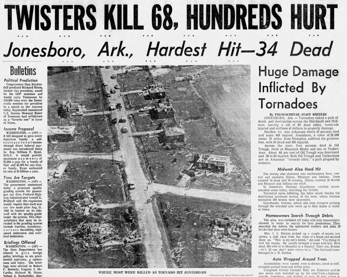 May 15, 1968: 39 tornadoes touched down in 10 states. Northern Iowa bore the brunt of two F5s that tore through Charles City and Oelwein, leveling numerous structures. To the south, an F4 impacted Jonesboro, AR. In total, 72 people were killed and 1200+ were injured. #wxhistory