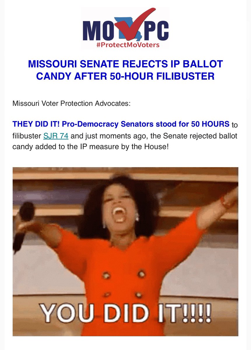 This is great news! Missourians are unlikely to give away their vote and voice when they aren’t being tricked. On to November…back to bodily autonomy.

THANK YOU, MISSOURI DEMS!