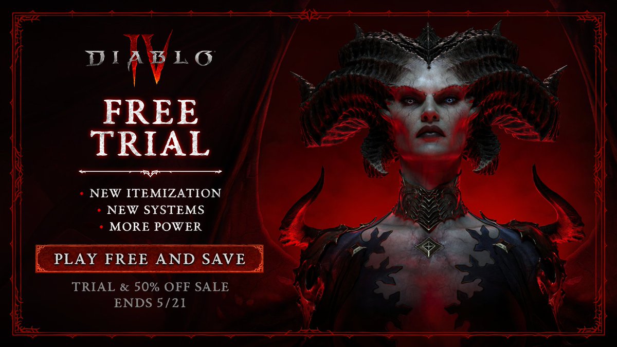 Drag your friends to Hell 🔥

Experience #DiabloIV's biggest gameplay update yet during the Free Trial.

Available on Battle Net only, offer ends May 21: blizz.ly/3WHtCWO