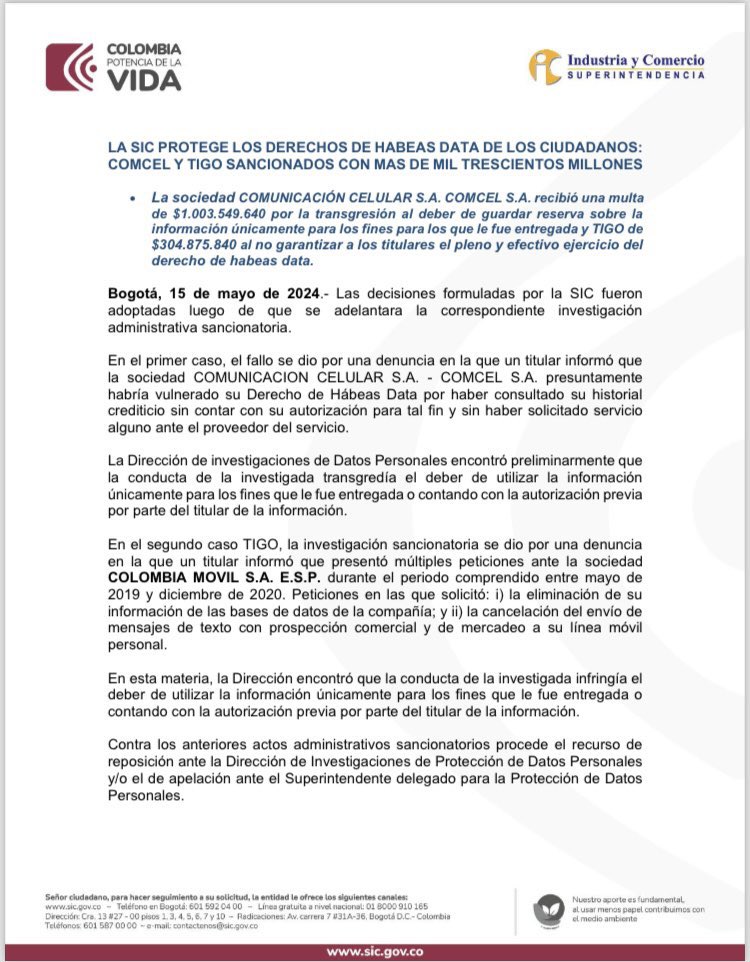 URGENTE | Sanciones por más de 1.300 millones de pesos impuso la @sicsuper a cargo de @cielo_rusinque para COMCEL y TIGO, por violar derechos de Habeas Data de algunos ciudadanos. Tras, el primero de los sancionados consultar su historial crediticio sin autorización y el segundo