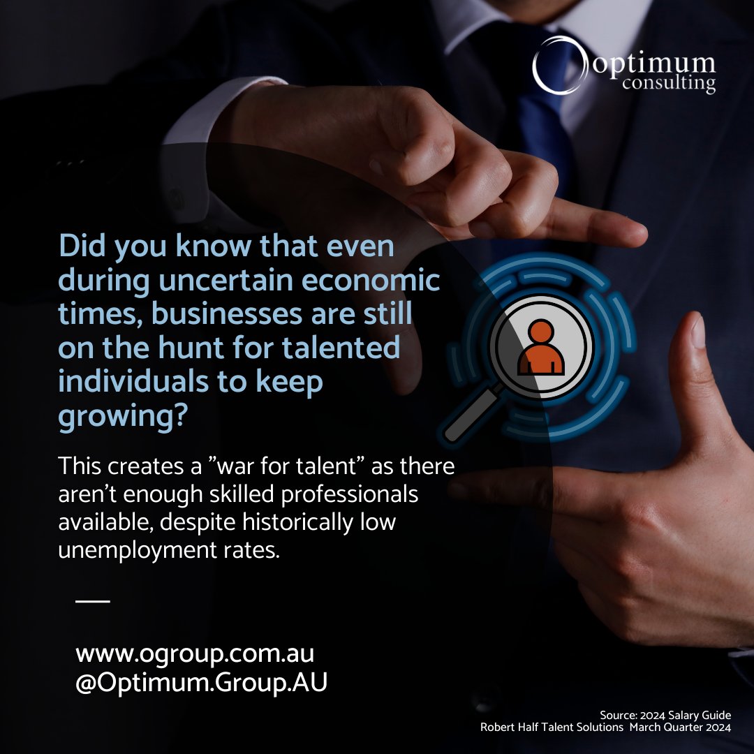 Even amidst economic uncertainty, businesses recognise the importance of securing top talent for their survival and expansion.​

Contact us:​ 07 3228 8400​ | admin@ogroup.com.au​
Website: ogroup.com.au​

#recruitment #consulting #attractingtalent #optimumconsulting