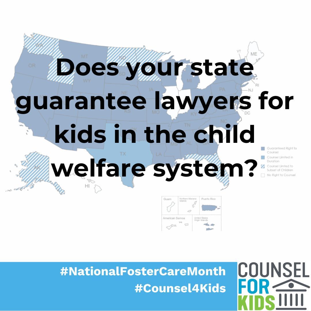 In 13 states, the one person at the center of a #childwelfare case is also the one person who doesn’t get their own lawyer. Does your state guarantee #counsel4kids? #NationalFosterCareMonth buff.ly/3iRbDv8