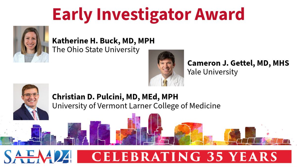 Congratulations to our winners of the Early Investigator Award: Katherine H. Buck, MD, MPH; Cameron J. Gettel, MD, MHS; and Christian D. Pulcini, MD, MEd, MPH! @CameronGettel @kmhunold @OhioStateEMRes @OSUWexMed @Yale_EM See all our #SAEM24 Award Winners: ow.ly/xcmz50Rv4og