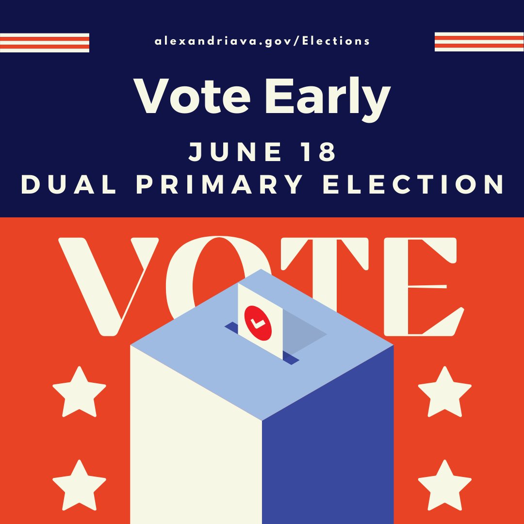 #ICYMI: Early voting is open for the June 18 Dual Primary Election. Voting can be done in person or by mail. 

Learn more on where and how you can vote from @AlexVAElections: alexandriava.gov/Elections

#MakeYourVoteCount