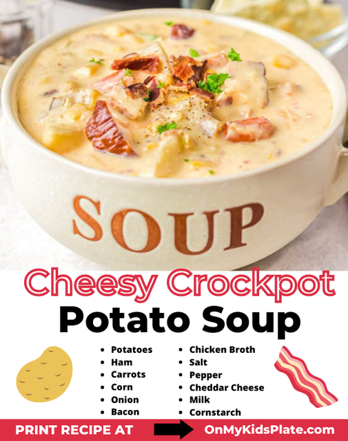 Creamy soup full of tender potatoes, ham and veggies!  with!https://onmykid, cheesy splate.com/crockpot-potat…