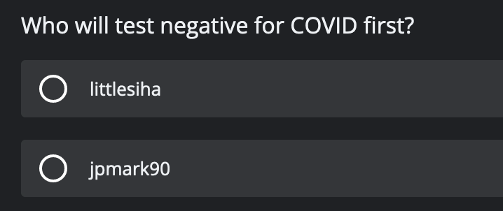 I have COVID and @littlesiha have COVID. My brain not work, vote who test negative first vote in poll with dono to @StJudePLAYLIVE tiltify.com/@jpmark/high-o…